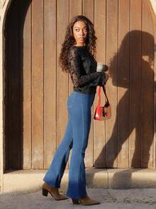 Yess Loren 1 件女式性感简约植绒透明花卉长袖 T 恤，百搭派对装，适合秋冬春季穿着 - 黑色 - 查看 4