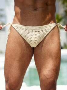 Manfinity Swimmode 男士纯色钩编系带泳裤，适合海滩度假，镂空休闲三角泳裤，男士丁字泳裤，男士沙滩套装，男士下装，情人节礼物 - 彩色 - 查看 5