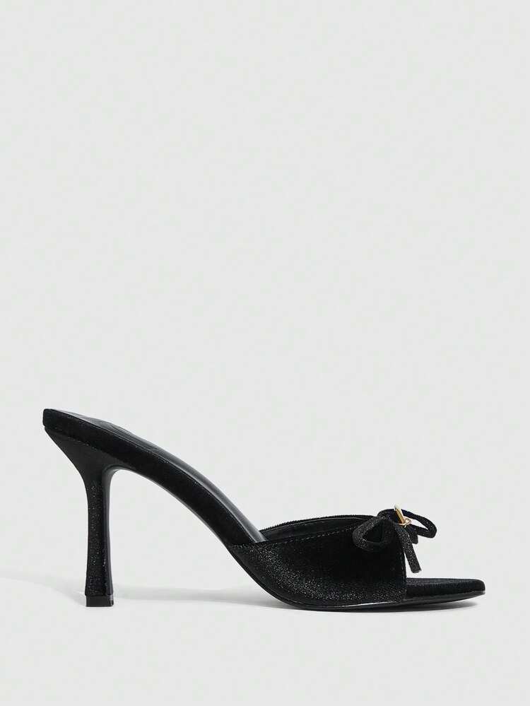 CUCCOO SZL Women's Velvet Bow & Golden Heart Decor Fashion Elegant Romantic Sexy Round Toe Mule High Heel Sandals In Wine Red