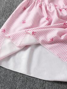 Short Sleeve Teenage Girls' Multicolor Striped Fuchsia Bow Decor Top With Cap Sleeve And Layered Ruffle Skirt, Fashionable Elegant For Daily, Party - Pink - View 6