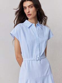 ZEYLAH Elegant Long Dress With Shirt Collar, Flutter Sleeves, Fitted Waist, A-Line Silhouette, Spring/Summer - Baby Blue - View 2