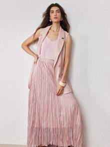 ZEYLAH Women's Solid Color Asymmetrical Hem Pleated A-Line Midi Skirt, Spring - Pink - View 6