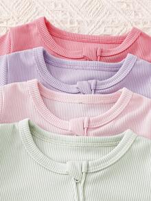 4件套新生儿连体衣礼盒装，绿色、深粉色、浅粉色、紫色，拉链，长袖，带脚套，口袋，婴儿连体服，家居服 - 彩色 - 查看 8