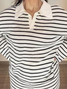 MDEdit Women's 2pcs Set Loose Striped V-Neck Drop Shoulder Long Sleeve T-Shirt &Elastic Waist Striped Pants, Winter Sweater Suit ,Autumn/Winter Casual - Black and White - View 5