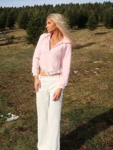 Sydney Algeri Sudadera con capucha con cremallera, volante de encaje en contraste, manga larga, para la escuela - Rosa - Ver 6