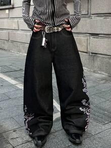 STEELVANCE Niche Floral Tree Embroidery Design Loose Straight-Leg Slimming Jeans Japanese Pants Men's Embroidered Jeans Harajuku Pants Spring To Summer - Black - View 6