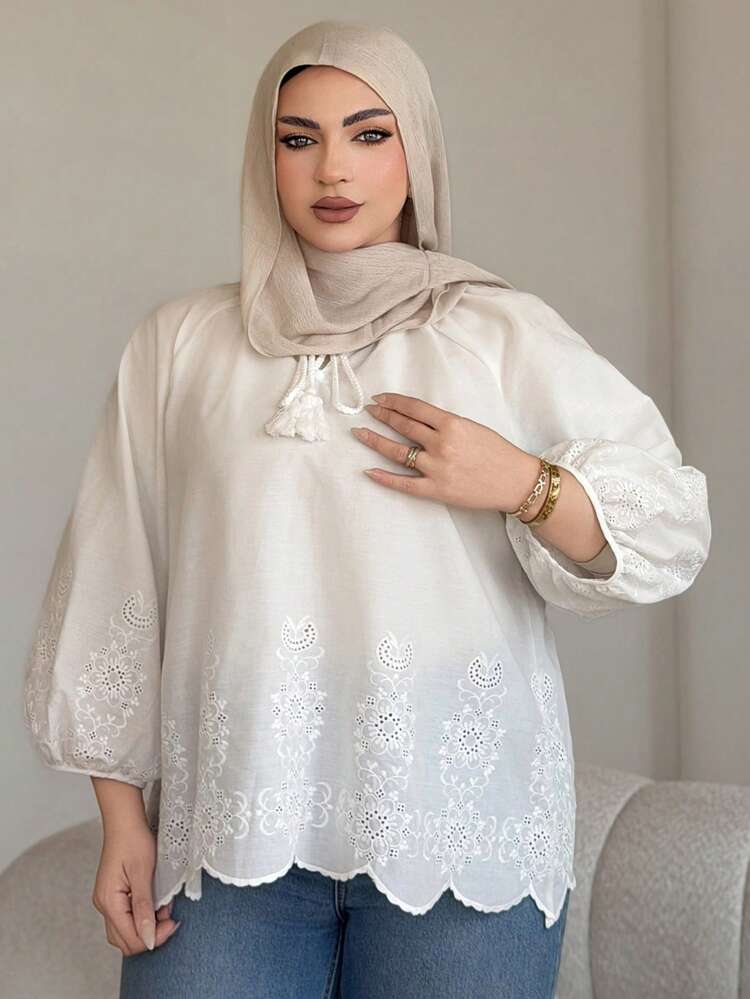 Dazy Plus Elegant Loose Lace Trim Lantern Sleeve Tie Waist Round Neck Oversized White Blouse