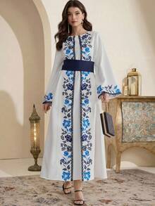 Al Najma Traditional Turkish/Arabic Style Long Tunic Dress For Women, Blue & White Printed Arabic Dress For Women Abaya For Women Dubai - Blue and White - View 2