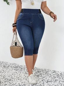SHEIN Tall CURVE 春夏大码女式舒适高弹面料弹性腰带口袋休闲修身七分牛仔裤 - 深色水洗藍 - 查看 7