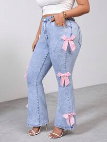 SHEIN PETITE CURVE Quần jean ống loe màu hồng thanh lịch, trang trí nơ, co giãn, thoải mái, thích hợp cho mùa hè và mùa xuân, dành cho các bữa tiệc Valentine, lễ hội hóa trang, tiệc tùng. - Rửa nhẹ - Xem 7