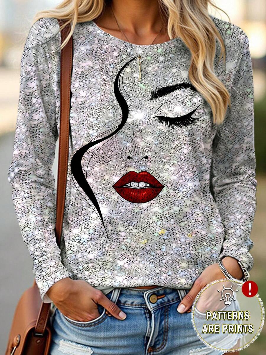女士抽象人脸线条艺术印花长袖T恤，休闲时尚街头风，春秋季 - 彩色 - 查看 1