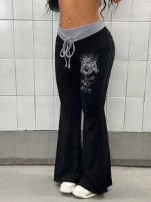 SHEIN PETITE 女士朋克风撞色腰带印花喇叭裤 - 灰色 - 查看 3