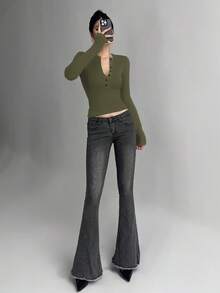 DAZY Áo thun nữ dài tay ôm sát, cổ khóa kéo nửa thân, phong cách Y2K - màu xanh lá - Xem 4