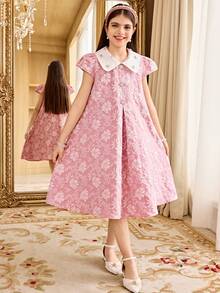 SHEIN Đầm ngắn tay thanh lịch họa tiết hoa jacquard dành cho bé gái tuổi teen - Hồng - Xem 8