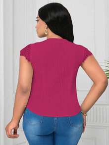 SHEIN Clasi Plus Size Contrast Lace V-Neck Textured Fabric Blouse - Hot Pink - View 2
