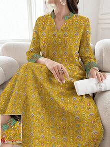 SHEIN Najma 女士几何图案椰树印花V领长袖优雅阿拉伯风格长款连衣裙，春季 - 彩色 - 查看 1