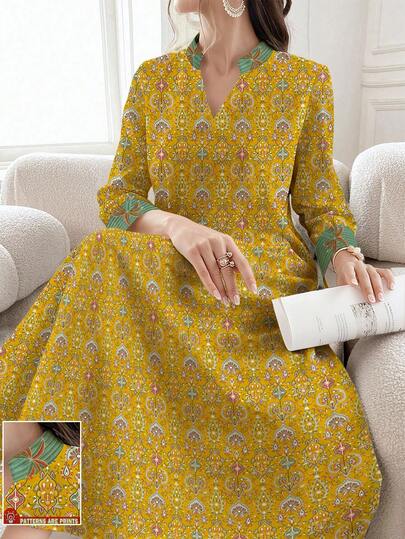 SHEIN Najma 女士几何图案椰树印花V领长袖优雅阿拉伯风格长款连衣裙，春季