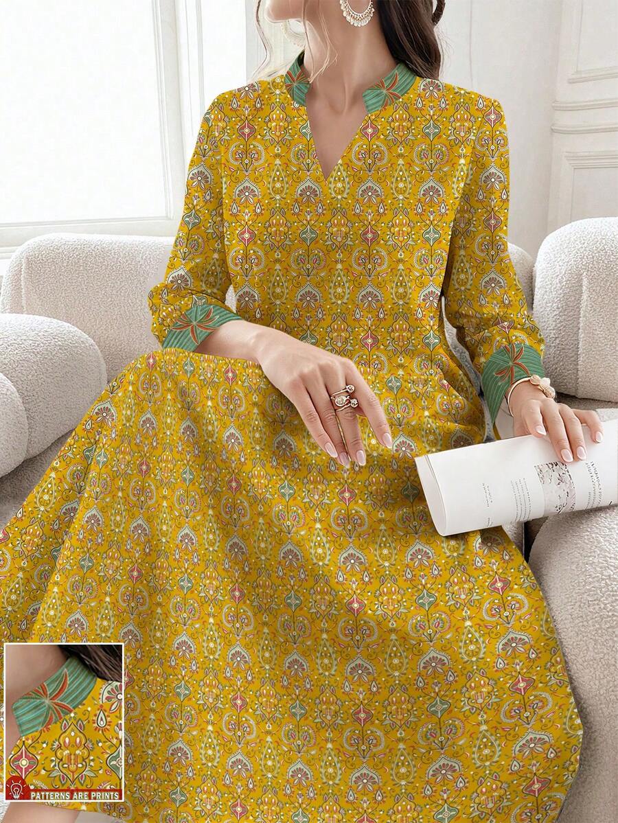 SHEIN Najma 女士几何图案椰树印花V领长袖优雅阿拉伯风格长款连衣裙，春季 - 彩色 - 查看 1