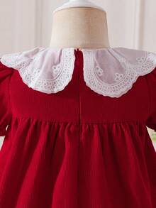 SHEIN LMoss Kids 女嬰紅色泡泡袖彼得潘領洋裝，休閒舒適，可愛女嬰款 - 紅色 - 查看 7