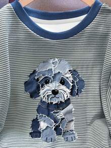 Resyla Y2K 俏皮可爱“拼布小狗”条纹短袖T恤，撞色领口，清新青春T恤 - 綠色 - 查看 4