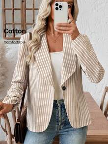 EMERY ROSE 女士条纹印花单扣优雅长袖西装外套，春假必备单品 - 彩色 - 查看 7