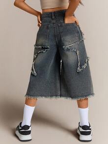 Radiana Quần jeans ống rộng denim Capri, quần short dài, họa tiết ngôi sao cổ điển Y2K cho bé gái, có đai thắt lưng, viền tua rua, thoải mái và thời trang để mặc hàng ngày, đi học, dạo phố - Rửa trung bình - Xem 2
