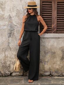 EMERY ROSE Bộ áo liền quần nữ màu trơn, thắt eo, có túi, ống rộng, kiểu dáng thường ngày, thích hợp cho kỳ nghỉ hè, du lịch, nghỉ mát. Áo liền quần đen cho nữ, áo liền quần cổ yếm cho nữ, áo liền quần không tay, áo liền quần thường ngày cho nữ, áo liền quần nữ để mặc đi chơi, trang phục mùa hè, trang phục đi biển cho nữ, trang phục thường ngày cho nữ. - màu đen - Xem 1