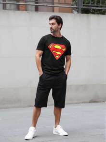 SUPERMAN X SHEIN Men's Casual Letter Graphic Round Neck Short Sleeve T-Shirt, Summer - Black - View 5
