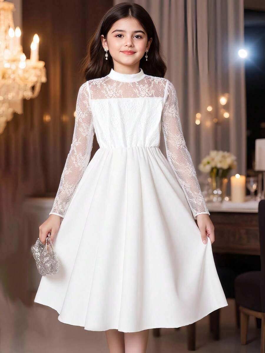 Girls' New Style Mandarin Collar Elegant Princess Lace Mesh Long Sleeve A-Line Dress, Suitable For Attending Parties With Graceful And Style