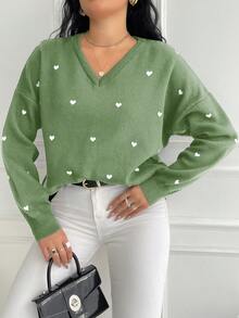 EURMUSE 女士纯色 V 领心形图案大码毛衣，休闲优雅，适合冬季日常穿着 - 綠色 - 查看 4