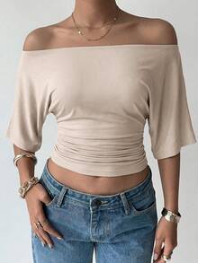 Aloruh 女士纯色露肩褶皱休闲百搭通勤长袖T恤 - 白色 - 查看 3