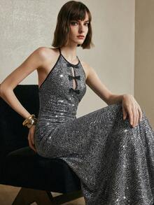 Arave 女士亮片V领露背优雅派对连衣裙 - 黑與白 - 查看 11