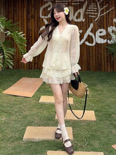 DAZY 2pcs Women V-Neck Ruffle Trim Casual Blouse Set