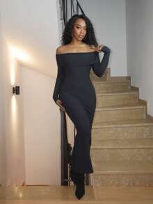 Yess Loren Women's Turn-Down Collar Off Shoulder Slim Fit Dress, Spring/Summer Y2k Elegant,Fall Clothes Long Sleeve Dress - Black - View 6