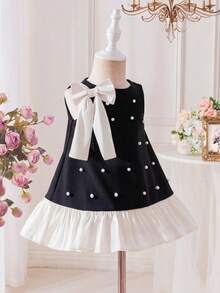 SHEIN 女婴串珠大蝴蝶结装饰撞色无袖连衣裙