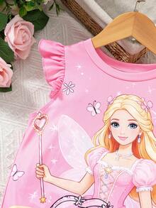 SHEIN Đầm cổ tròn tay bồng cho bé gái, dáng chữ A rộng rãi, thoải mái và năng động, tông hồng nhạt kết hợp họa tiết hoạt hình, đúng gu của các bé gái, chất liệu mềm mại và thân thiện với da, phù hợp cho mặc hàng ngày hoặc đi chơi thường ngày. - Hồng - Xem 5