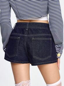 ROMWE Grunge Punk Falda vaquera de cintura baja con decoración de botones de bronce estilo palacio retro Y2K - Azul - Ver 3