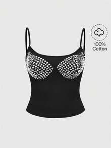 ROMWE Grunge Punk 性感朋克印花仿铆钉吊带背心（女款） - 黑色 - 查看 1