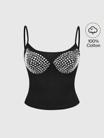 Grunge Punk Camiseta sin tirantes con estampado sexy y punk con remaches falsos para mujeres