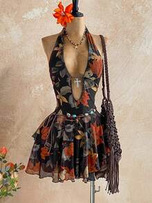 Soleia 性感V领交叉装饰镂空露背吊带纹理面料多层不规则下摆迷你连衣裙，适合派对、圣诞节、约会、夜店、海滩、邮轮、下午茶、波西米亚风、度假、秋季女装、复古波西米亚西部风女装、哈瓦那之夜连衣裙、女巫连衣裙、牛仔女郎套装、两件套夏季春季情人节狂欢节套装、派对连衣裙、沙滩连衣裙、外出套装、优雅连衣裙、度假套装、休闲连衣裙、亮片连衣裙 - 彩色 - 查看 3