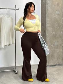 SHEIN EZwear 大码巧克力棕色喇叭裤，休闲百搭，适合秋冬季穿着 - 巧克力棕 - 查看 5