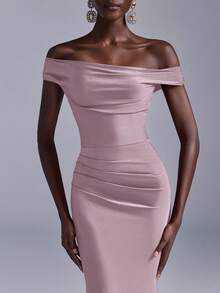 Elitara Elegant Ruched Off-Shoulder Mermaid Dress, Suitable For Weddings, Parties, Vacations, Prom, Bridesmaid (Adult) - Baby Pink - View 2