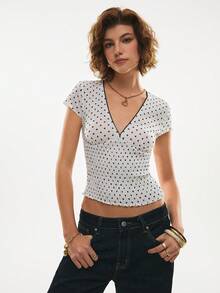 Poéselle Women's Polka Dot Print V-Neck Cap Sleeve Fitted Fashion T-Shirt, Cute Summer Top, White Top, Polka Dot Top, Valentines Day , Elegant Women's Tee , Spring/Summer - Black and White - View 7