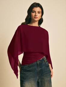 Poéselle Women's Solid Color Minimalist Poncho Sleeve T-Shirt, Everyday Wear - Burgundy - View 7