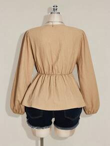 SHEIN ICON 大码女式扭结纹理黑色灯笼袖上衣 - 杏色 - 查看 2