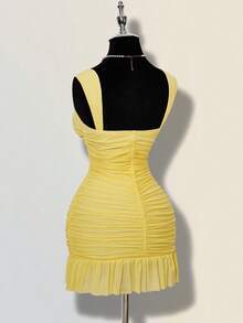 ICON Vestido mini ajustado de mujer de unicolor elegante con malla y drapeado - Amarillo claro - Ver 7
