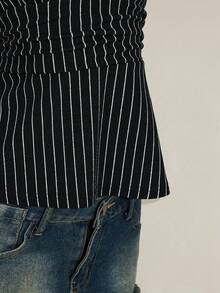 SHEIN ICON Halter Deep V-Neck Cinched Waist A-Line Backless Striped Tank Top - Dark Green - View 10