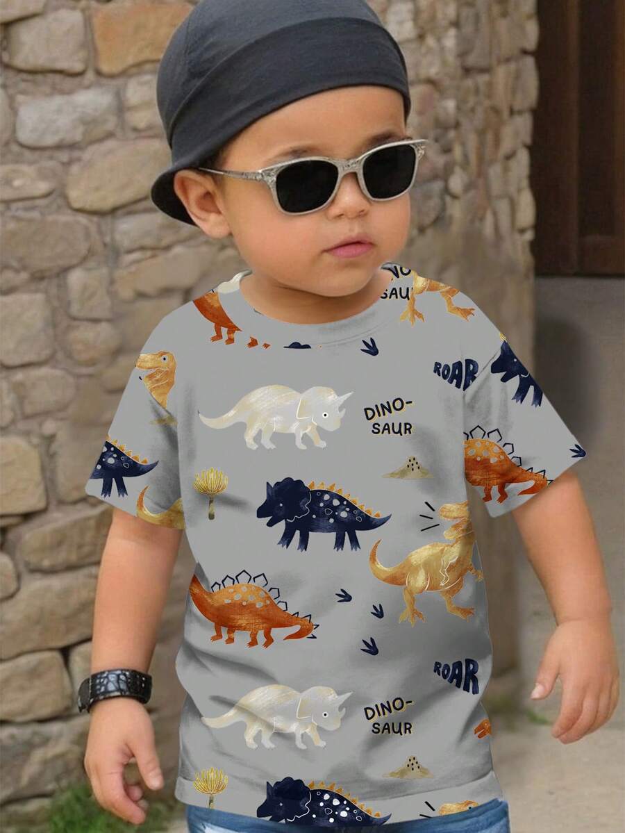 Áo thun ngắn tay cổ tròn in hình khủng long hoạt hình dễ thương, kiểu dáng thường ngày cho bé trai, thích hợp mặc mùa hè. - Nhiều màu - Xem 1