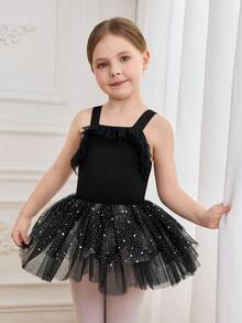 SHEIN Váy tutu đen bóng có dây đeo cho bé gái, áo liền quần múa ba lê tay loe ren cho bé gái, trang phục múa ba lê. - Màu xanh lam - Xem 5