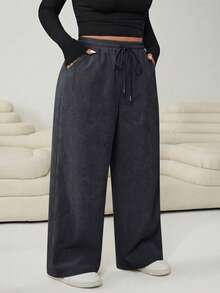 Solflare Calças casuais de veludo cotelê plus size com cordão na cintura, cinza escuro, outono - Cinza escuro - Ver 4